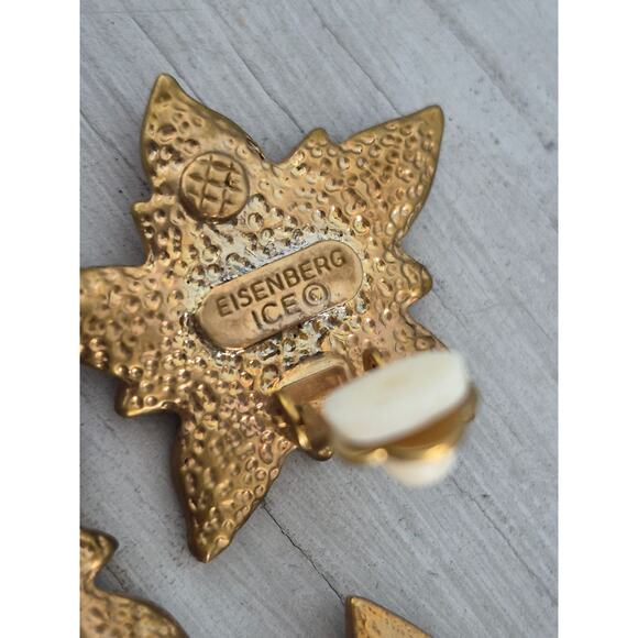 Eisenberg Ice Poinsettia Red Enamel Holiday Brooch & Earring Set - Picture 5 of 6